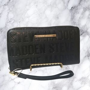 Steve Madden Large Zip Around Wallet Black Monogram Wristlet Clutch Card Holder